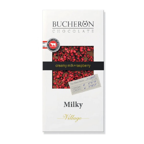 Bucheron Village шоколад молочный с кусочками малины, 85 гр